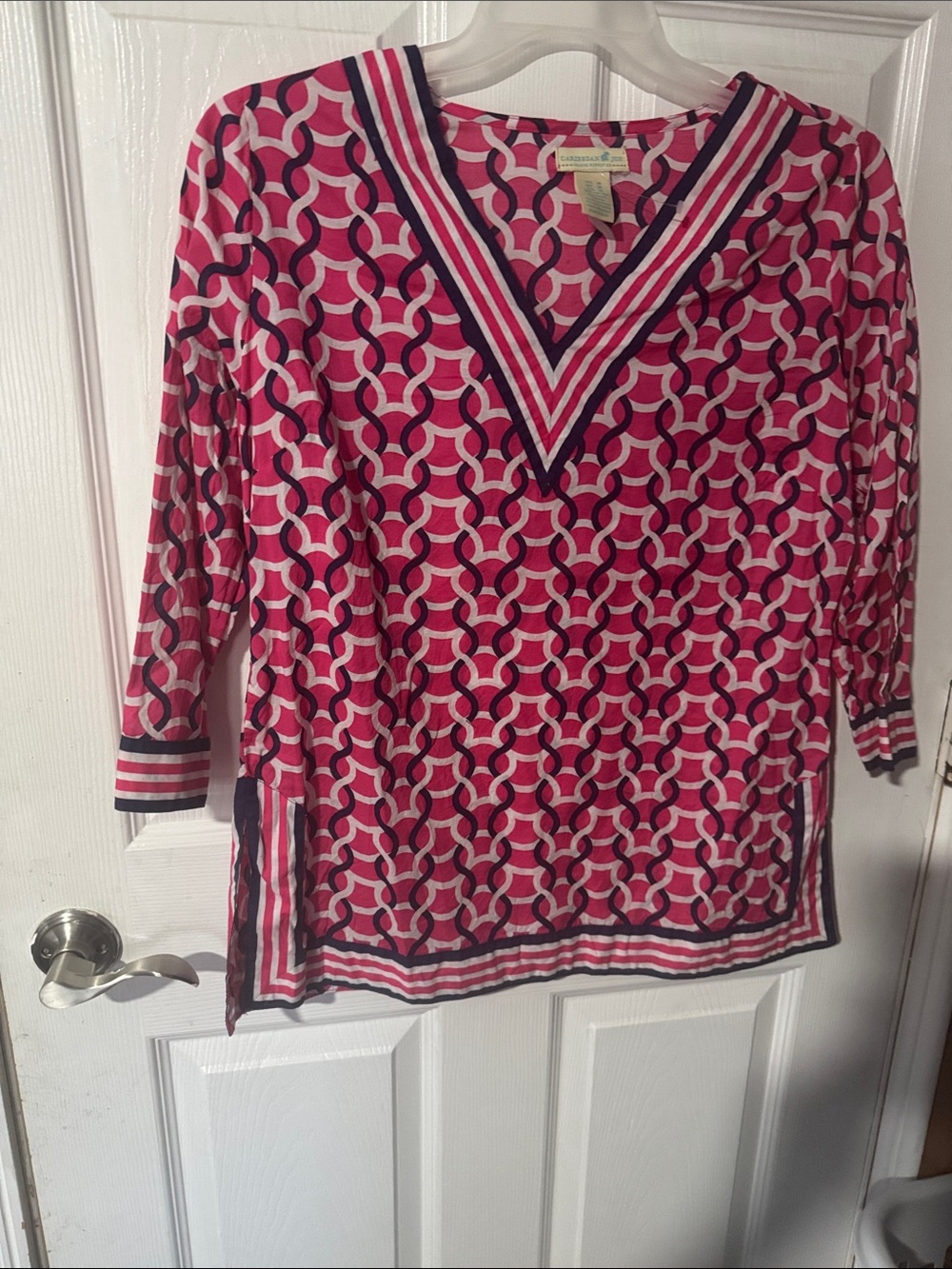 Caribbean Pink & Navy Circular Print V-Neck Tunic